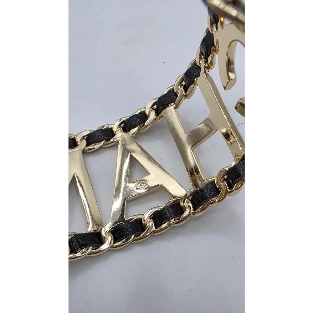 Chanel Gold-tone Leather 'CHANEL' Cuff Bracelet